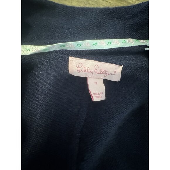 Lily Pulitzer 100% Cashmere Open Cardigan Navy Shawl collar ruffle Hem Eyelit - Picture 11 of 14